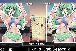 bikini girls play crab game, stripping and ripping clothes in anime hentai style