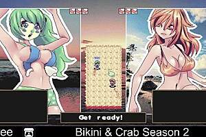bikini girls play crab game, stripping and ripping clothes in anime hentai style