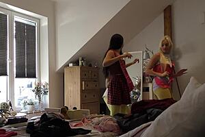 Non-nude teens at home dancing energetically with voyeur soft