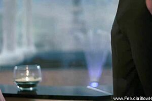 Classy blonde performs deep cfnm blowjob, swallowing every drop