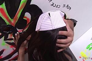 Young Black Teen at Glory Hole Threesome with Two Big Cocks