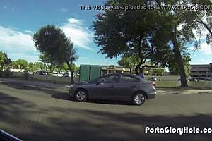 porta gloryhole redhead mouth pumped full of cum in public outdoor swallow