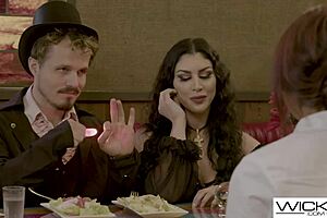 Wicked couple fucks hard while waitress watches