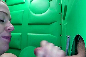 Redhead Swallows Cum at Public Porta Gloryhole Outdoor