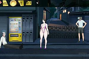 The shameless MILF shows off her big tits and ass in an exhibitionist display.