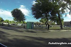 porta gloryhole redhead mouth pumped full of cum in public outdoor swallow