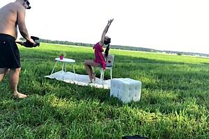 Backstage fucking with blonde teen in nature cowgirl riding hardcore