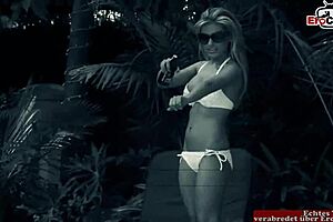 Is this busty blonde slut seduced by the pool?