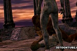 3D cartoon zombie babe gets double teamed in wild outdoor scene.