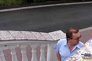 Fat Plumber Bends Over Skinny Blonde Teen for Cum in Mouth.