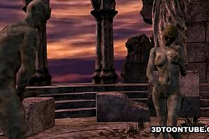 3D cartoon zombie babe gets double teamed in wild outdoor scene.