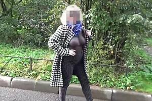 Nylon big boobs milf walks transparently outdoors