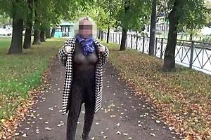 Nylon big boobs milf walks transparently outdoors