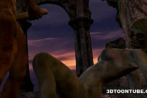 3D cartoon zombie babe gets double teamed in wild outdoor scene.