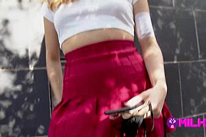 Marina Gold rides cowgirl on shaved pussy outdoors in public dares