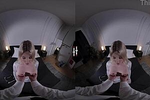 Big boss enjoys shaved pussy and big tits in dark room VR