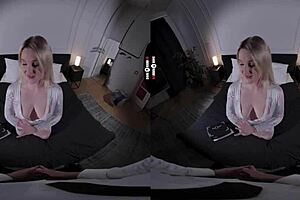 Big boss enjoys shaved pussy and big tits in dark room VR