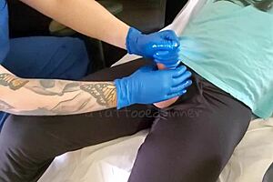 A blonde beauty gives a seductive nurse a special treatment at her home