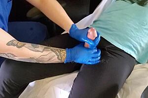 A blonde beauty gives a seductive nurse a special treatment at her home