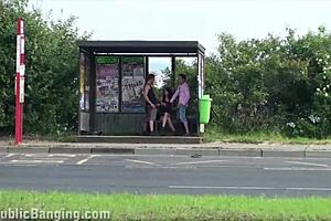 Extreme Public Bus Stop Threesome: Hot Girl Blows And Fucks Two Guys