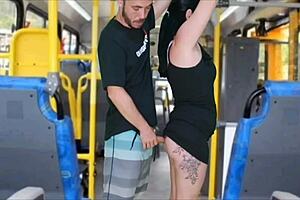 public madness on bus as guy rubs cock on brunette’s ass till he finishes.
