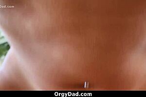 Cute stepdaughter blows stepdaddy. Then rides him doggystyle in orgy POV.