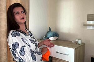 Stepmother says, Lick my milky nipples while I stroke your fat cock, stepson.