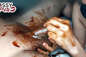 girlfriend sucks and licks black cock with syrup! what a christmas treat?