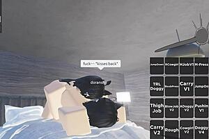Lesbian scene with Roblox characters Dora and Yuki in a condo