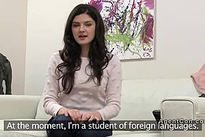 Busty cutie bangs doggy style on sofa during reality casting