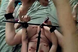 Blindfolded Milf Gagged And Spread Behind Bar, Edged To Orgasm Before Thick Cum Covers Her Body And Tits With Clamps And Wax Play