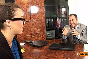 Sexy French secretary licks muscular bodybuilder's cock