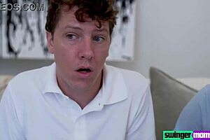 Stepmom Dee Williams fucks security officer stepson Nadia White, enjoying his cock in wet panties at work.