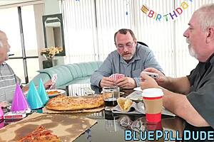 A young woman seduces an old man on his birthday and gives him a deep blow job