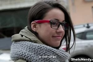 The nerdy teen Izi Ashley gets dirty with a blowjob, licking, and cumshot in this European porn scene.