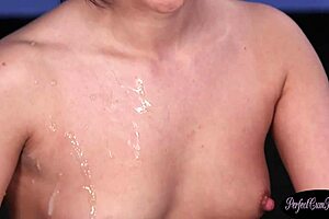 in the office, the chick gets jizzed in the eye during group blowjob.