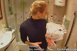 christina fucks with glasses, shaved teen pussy on display