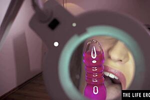 why is the big-titted brunette bent over studying her hairy beaver with a magnifying glass?