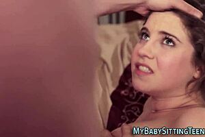 Teen babysitter gives blowjob and rides hard