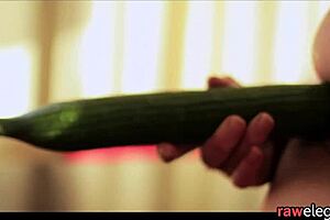Solo pleasure with a cucumber for a European beauty