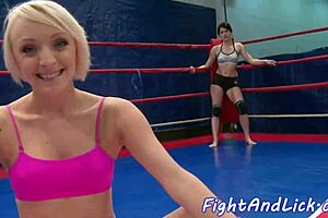 Amateur lesbians engage in a round of pussylicking in a boxing ring