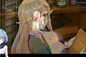 In Isekai Harem Monogatari, the futanari character with big tits engages in hentai action