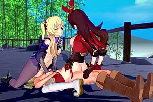 3D animated hentai featuring two archer girls in action