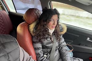 Public humiliation: skinny brunette gets cum shower in car