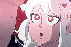 Modeus from Helltaker, lustful demon, deepthroats monster cock in hentai parody!