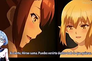 In Isekai Harem Monogatari, the futanari character with big tits engages in hentai action