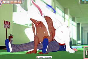Commented gameplay of a mobile game where a busty rabbit character achieves orgasm