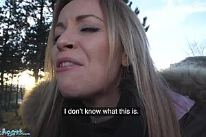 Public agent sets up a blind cum tasting test with blonde Tina Princess.