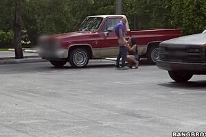 Young and straight amateur goes wild outdoors in parking lot with blowjob action