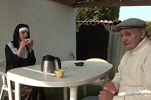 Young French nun in a threesome with a voyeur